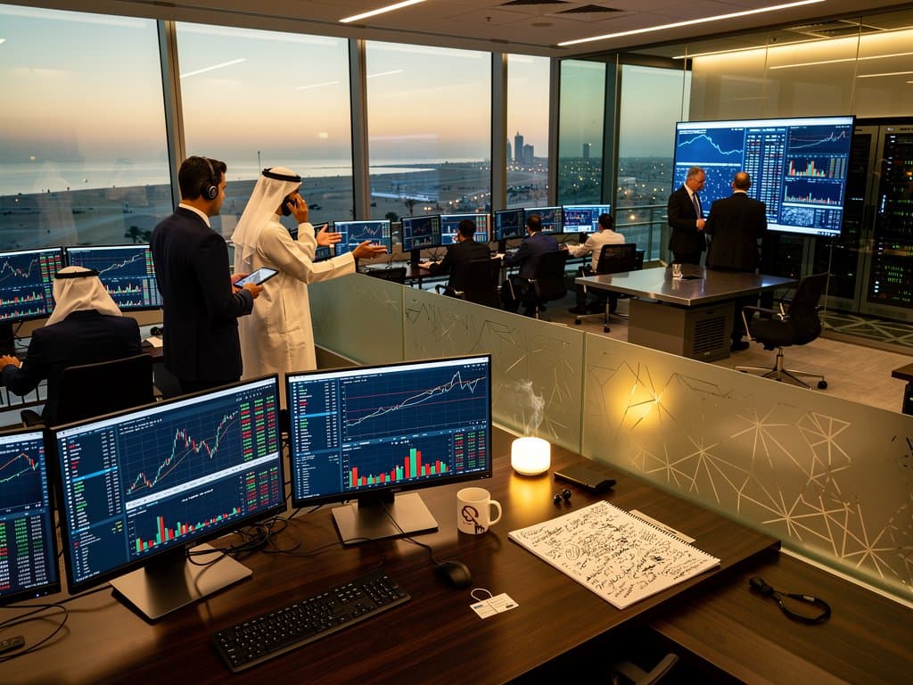 Mubadala trading floor with Nasdaq AI charts, Bitcoin tickers, and Gulf tech investment visuals in modern Abu Dhabi office