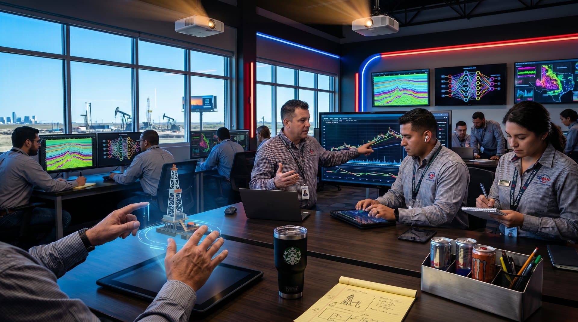 Engineers at Odessa AI workshop analyze seismic AI visuals amid oil rig models and Gulf tech billboard