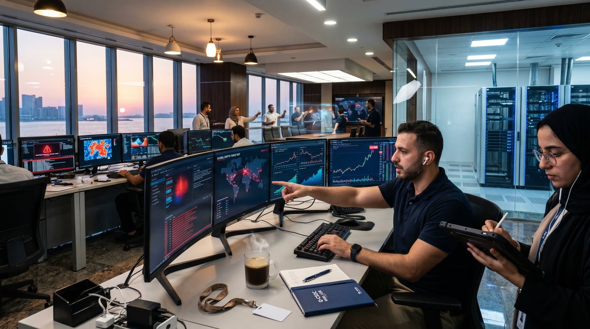 Cybersecurity center monitors deepfake alerts and crypto threats with Gulf skyline view