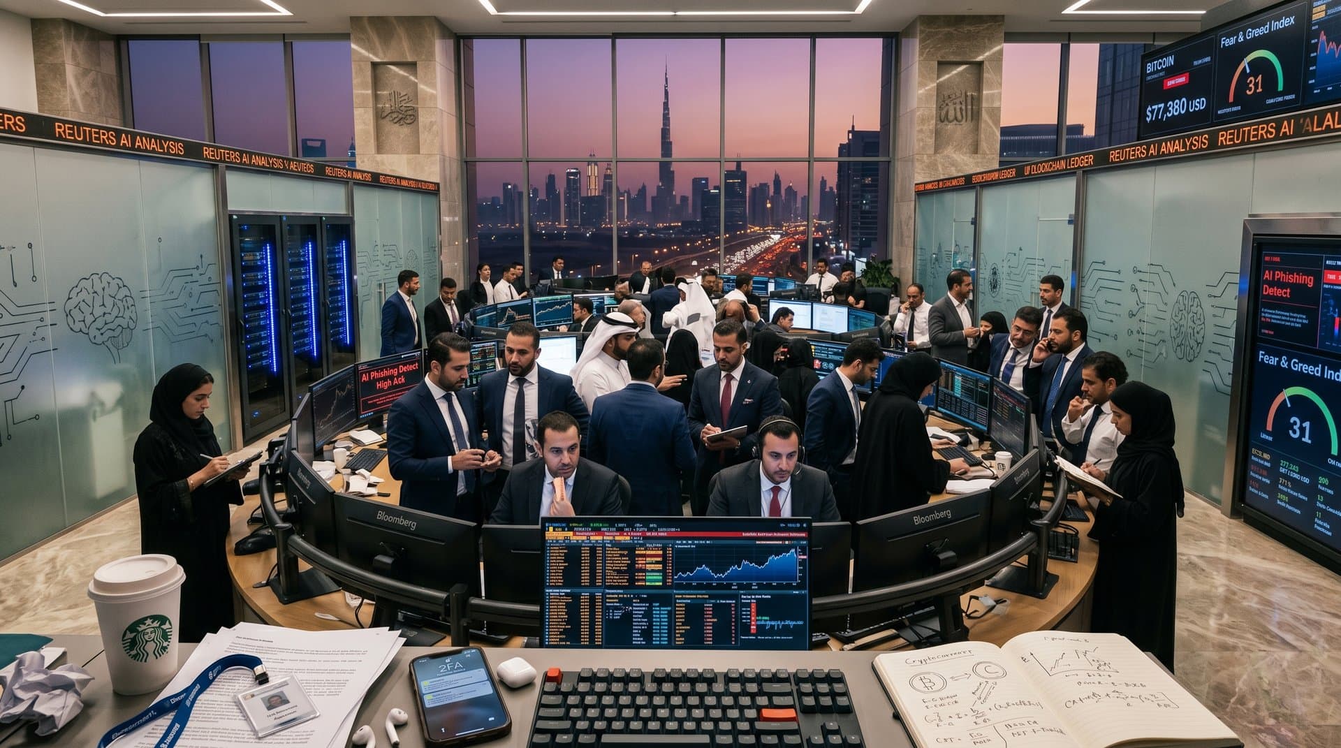 DIFC traders monitor BTC charts and phishing alerts with Burj Khalifa view