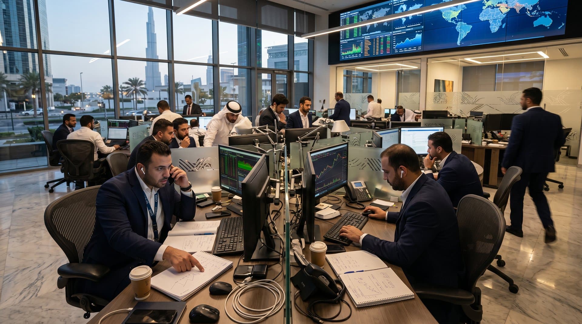 DIFC traders monitor Brent crude at $82 USD, Polymarket chain migration odds, and BTC at $77K amid Dubai skyline