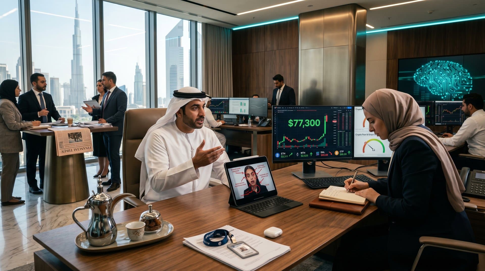HNWI examines deepfake video on tablet as advisor monitors BTC $77,300 and crypto fear index on Bloomberg in DIFC banking lounge