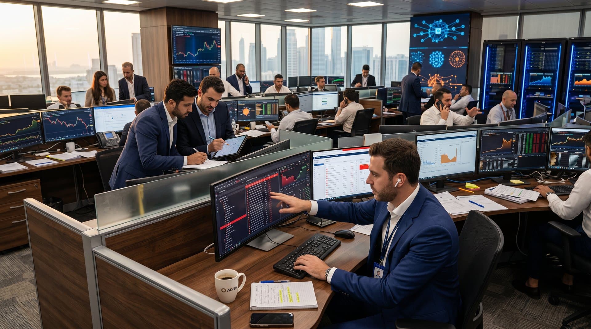 Compliance team at ADGM trading desks reviews crypto sanctions data on multi-monitors amid bustling Abu Dhabi financial hub activity