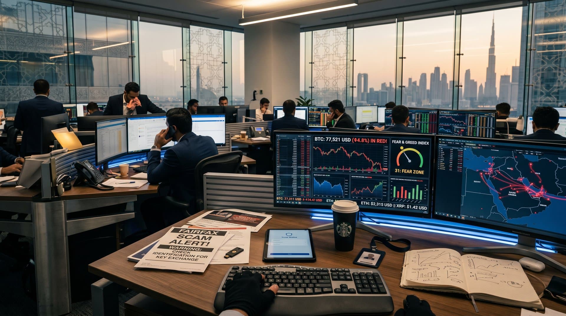 DIFC trading floor monitors show BTC charts at $77,521 USD and scam alerts amid modern office setup