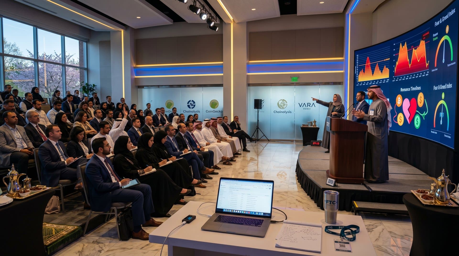 Expats and executives at Scam Jam event with stage speakers, crypto graphics on screen, and hardware wallet demo table