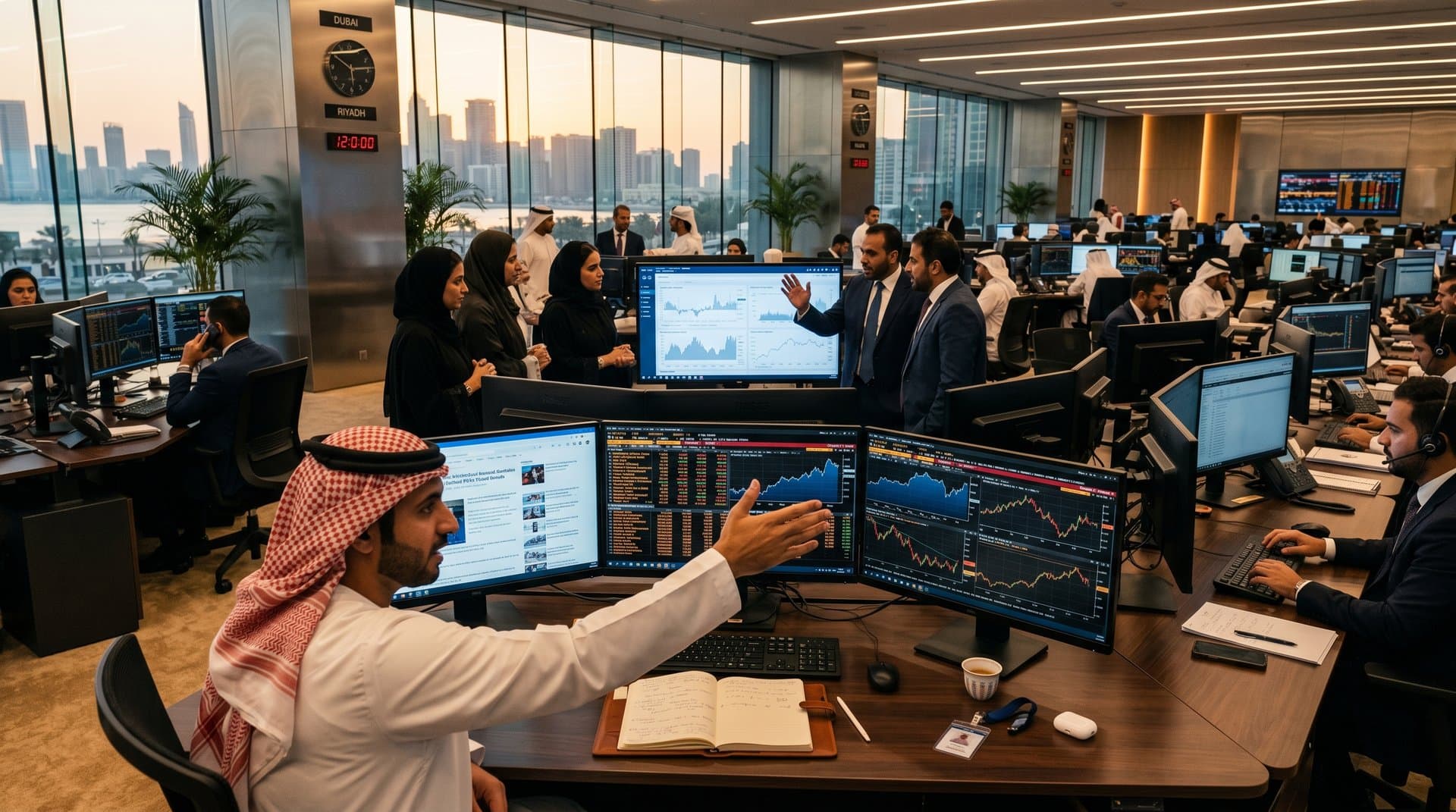 Gulf fund traders monitor AI-driven tech layoffs and crypto prices against Abu Dhabi skyline