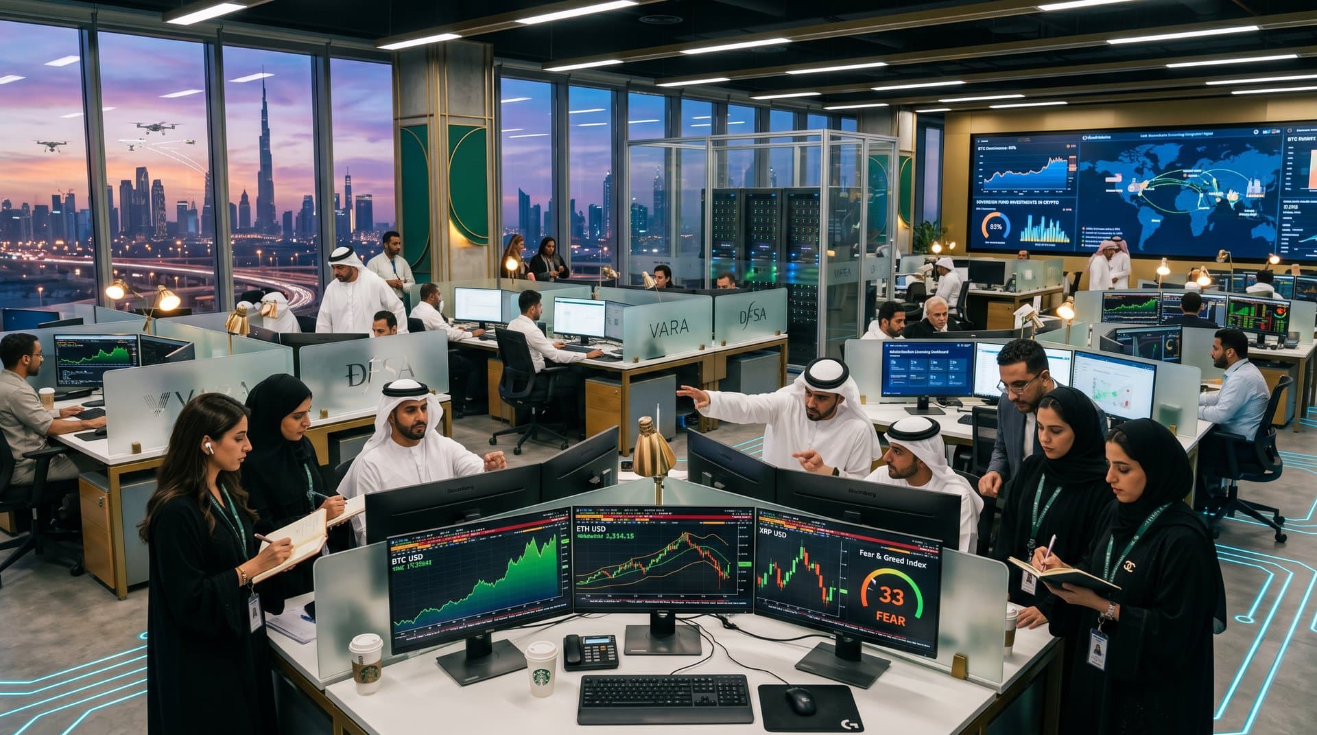 Modern Gulf trading floor with terminals showing BTC charts, blockchain tickers, cloud infrastructure visuals, and city skyline