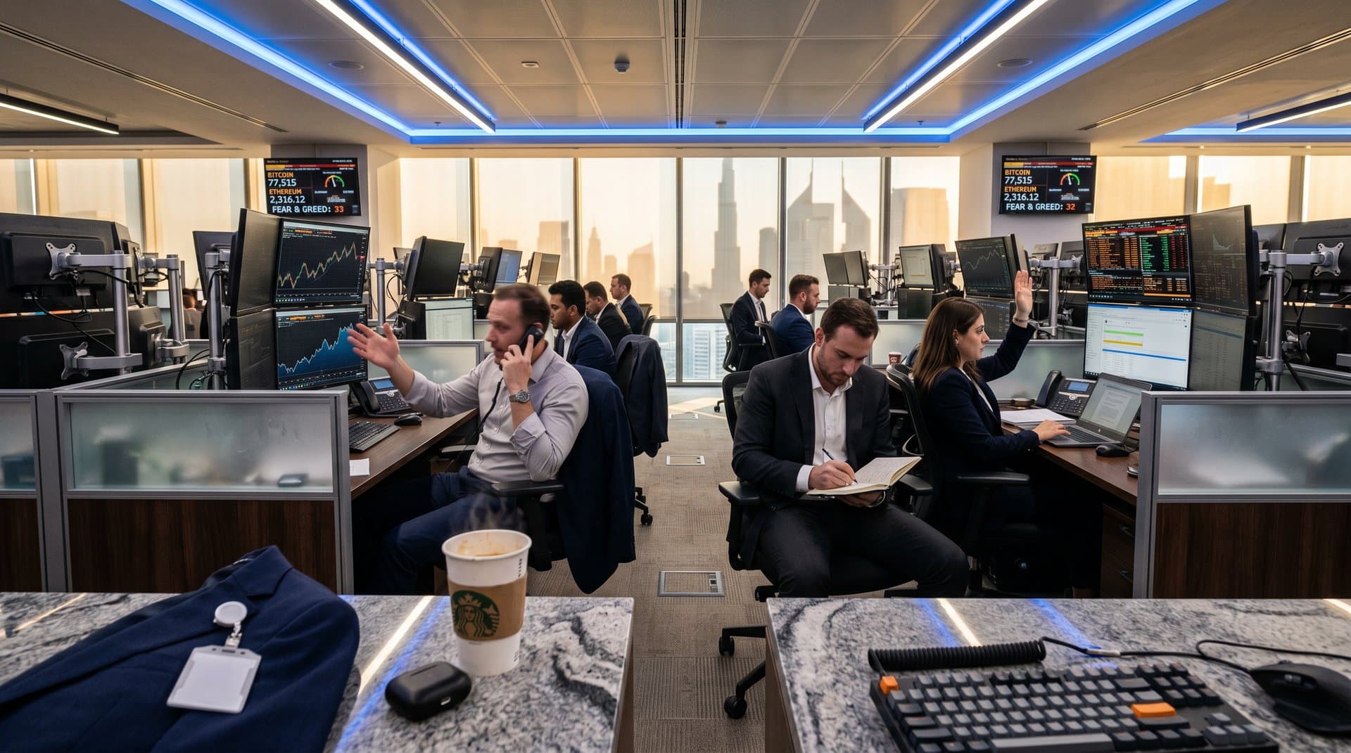 DIFC trading floor terminals show BTC at $77,515 USD, Ethereum, Fear & Greed 33 with Burj Khalifa skyline