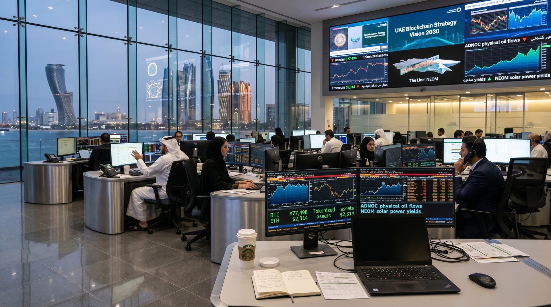 ADGM trading floor with monitors displaying crypto prices, energy feeds, and Gulf skyline at dusk