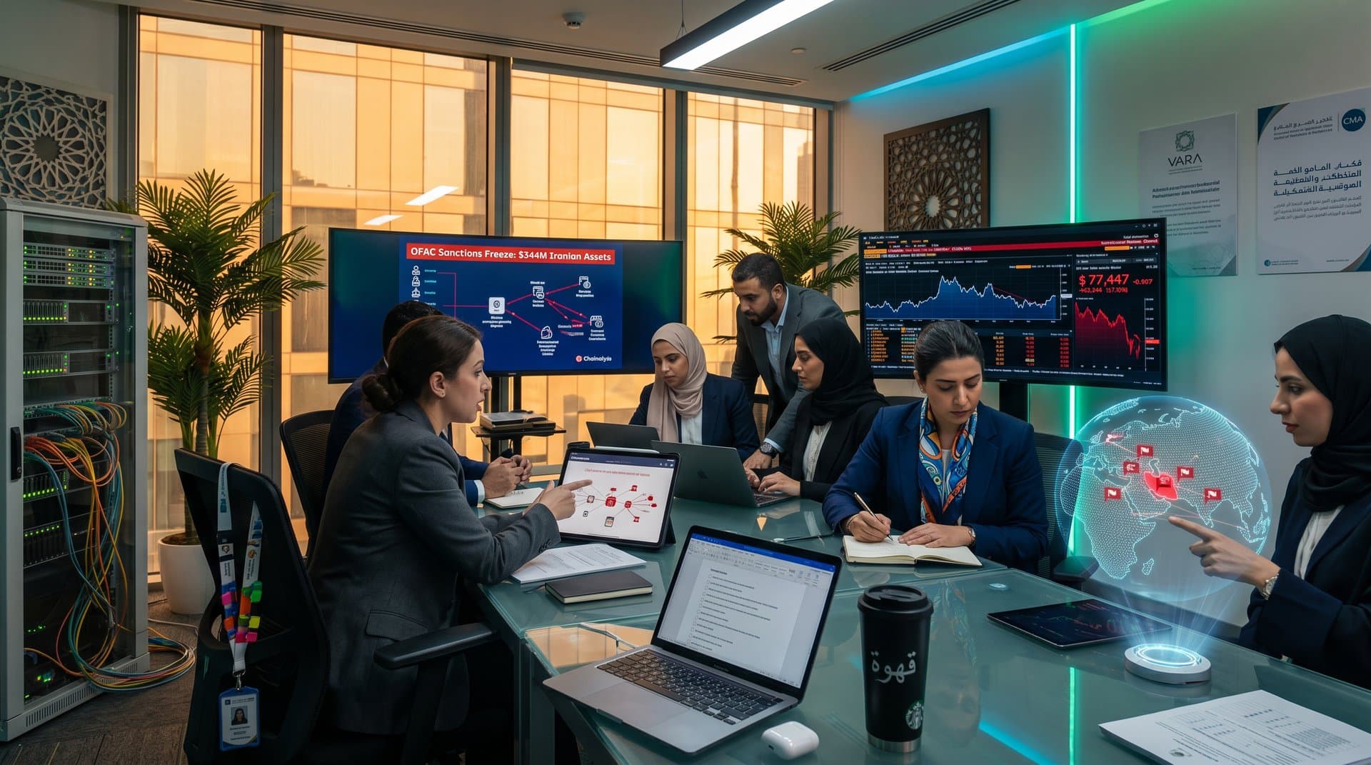DIFC FinTech Hive with blockchain compliance dashboards and crypto price trackers against Dubai skyline