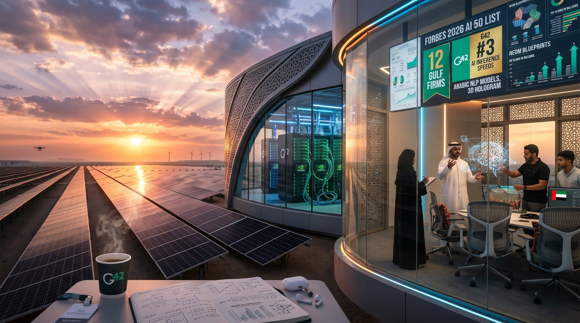 Futuristic AI lab in Masdar City with server racks, glowing screens displaying Forbes 2026 AI 50 List, solar panels, and Gulf tech symbols