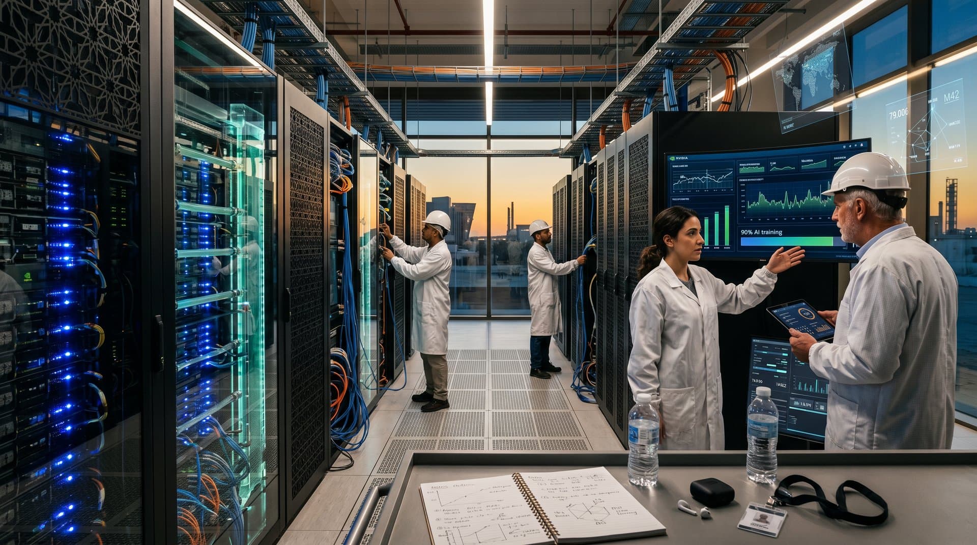 Engineers monitor AI server racks and power graphs in Abu Dhabi data center