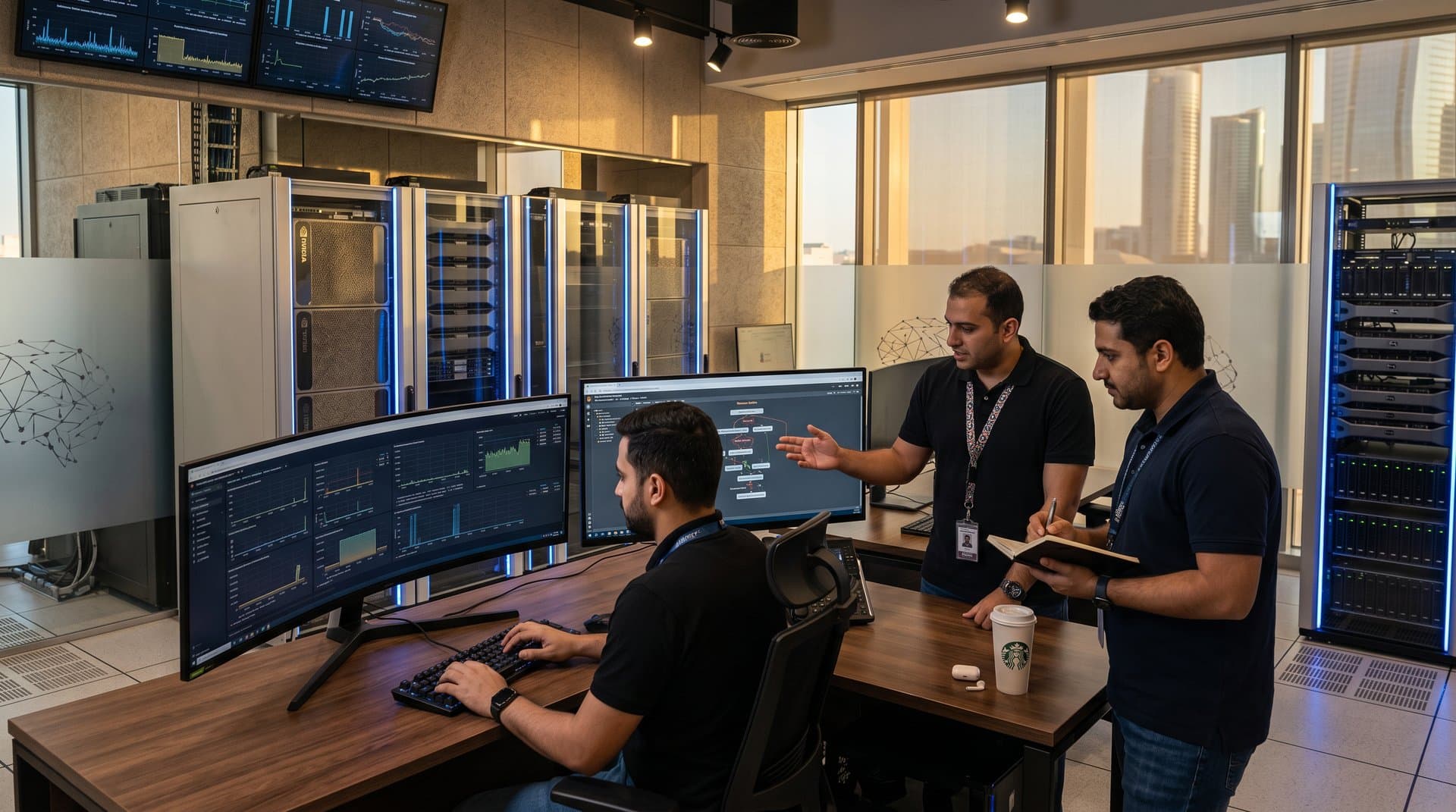 Glowing AI server racks and monitors in modern Abu Dhabi data center with neural network motifs and tech dashboards