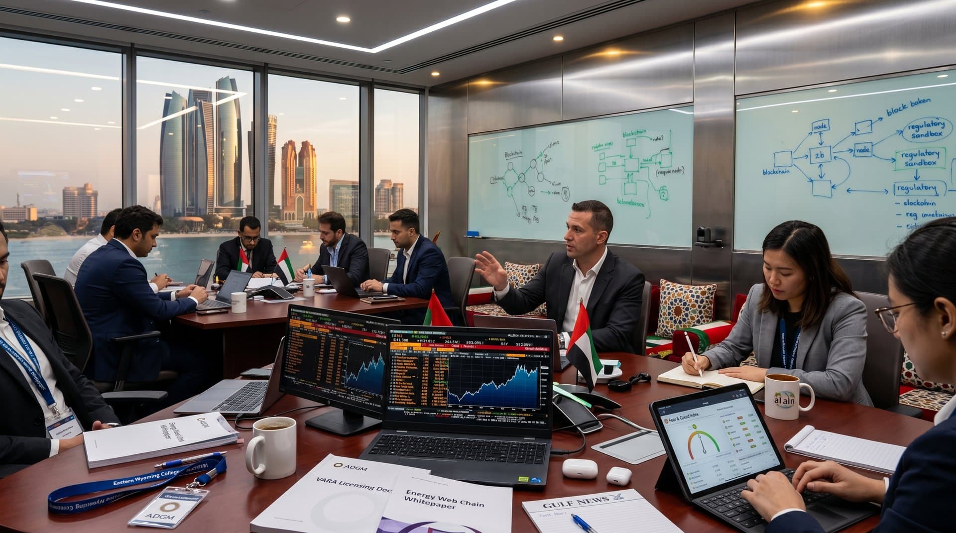 ADGM conference room with crypto charts, blockchain sketches, and Abu Dhabi skyline