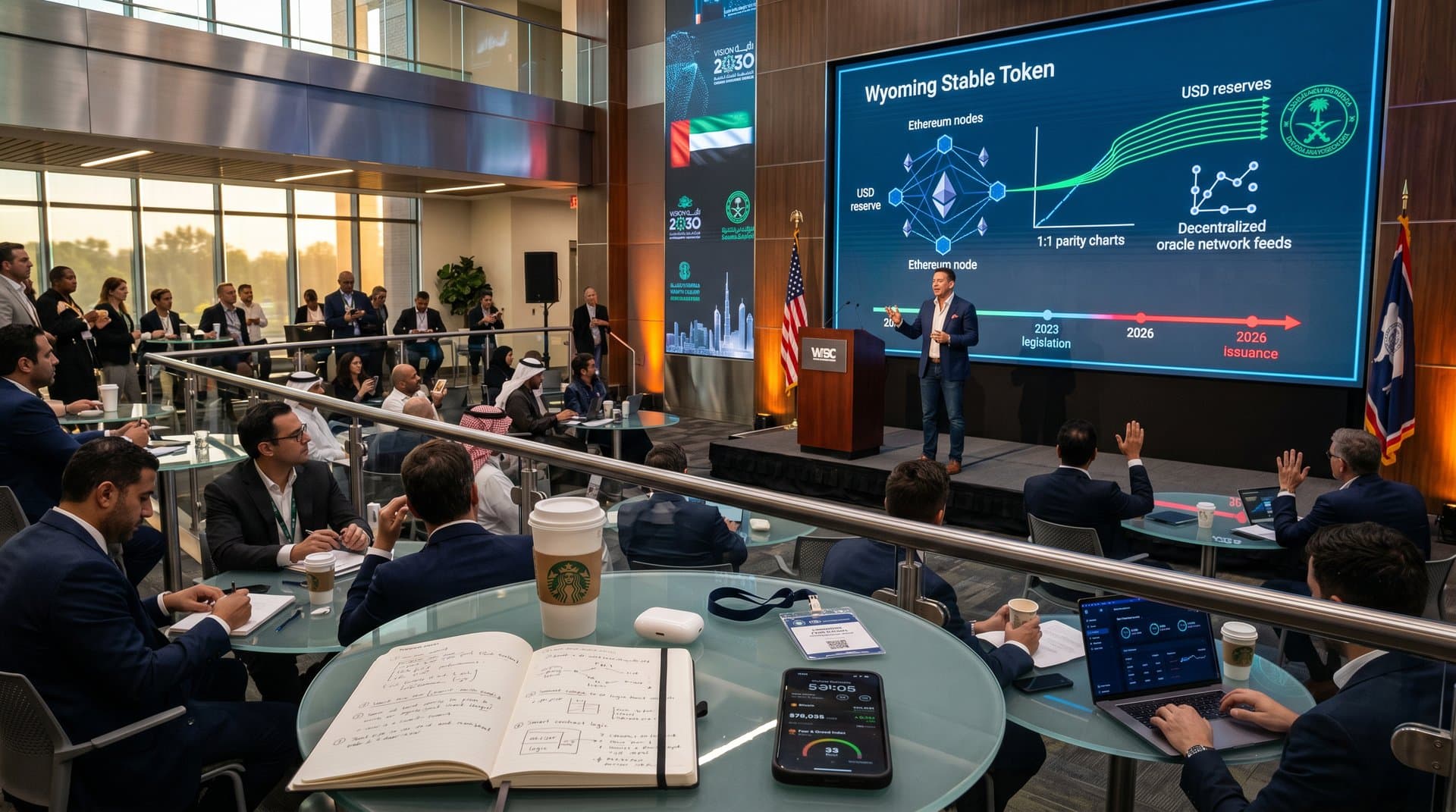 Conference hall with Wyoming Stable Token presentation screen, notebooks, crypto charts, and Gulf skyline projection in professional setting
