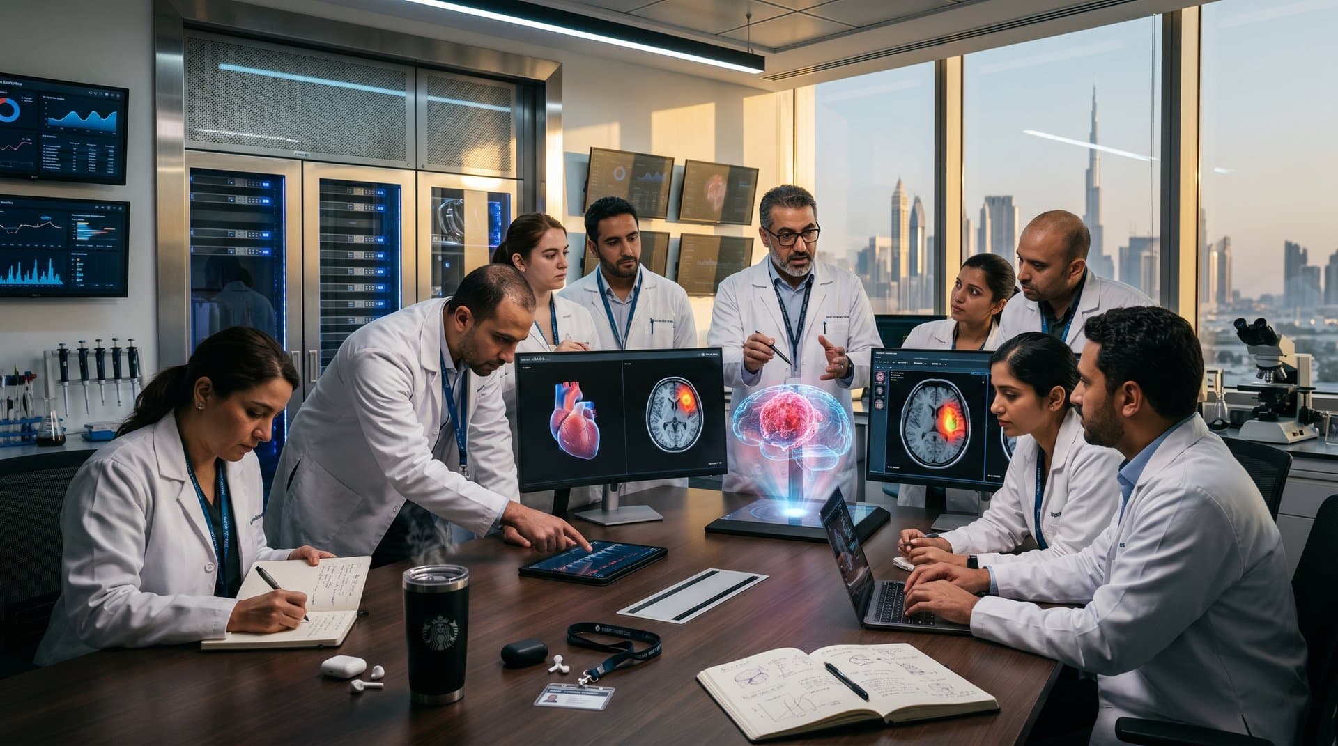 Gulf health tech lab with AI heart scans on monitors amid collaborative team and server glow