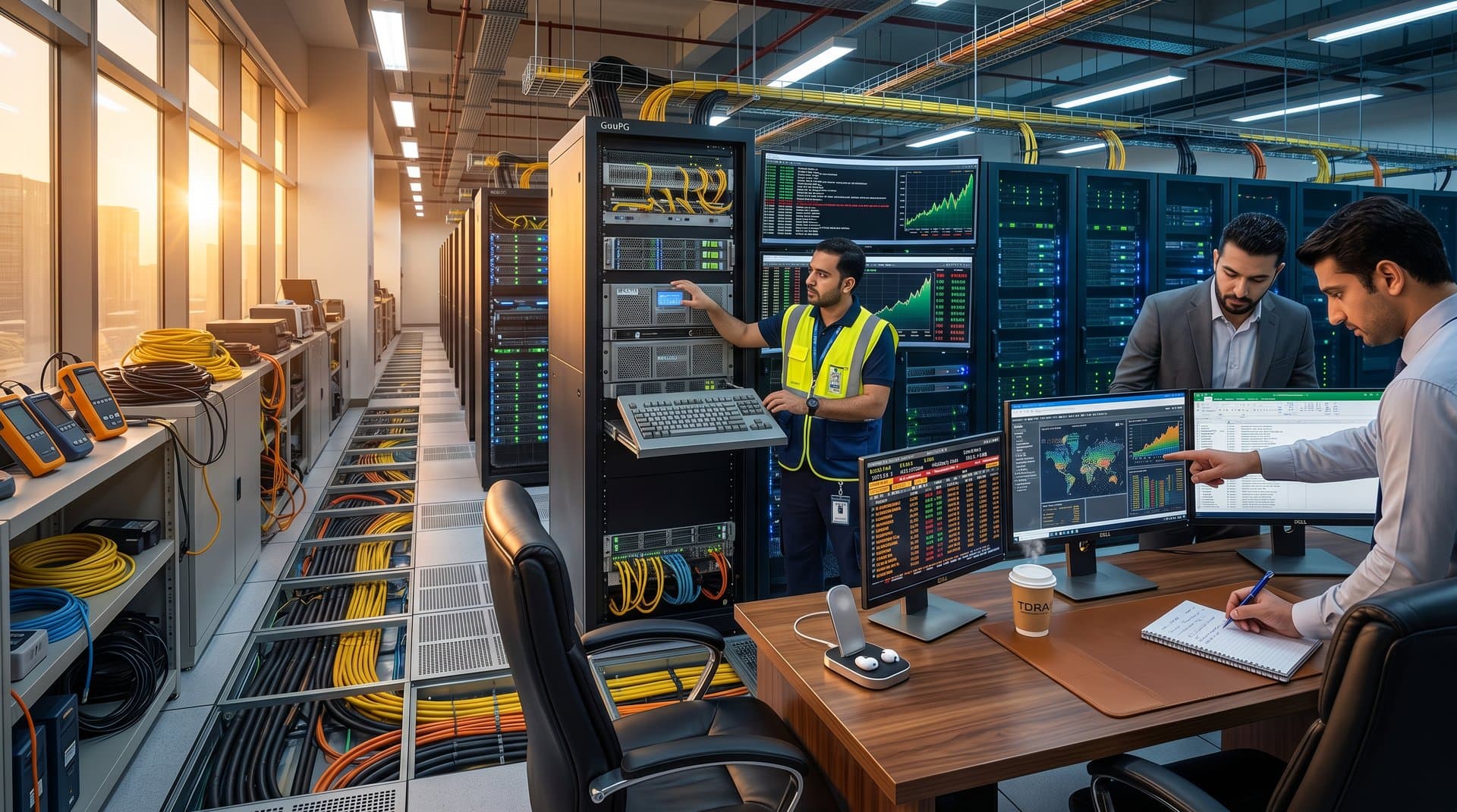 Engineer adjusts GnuPG server in Dubai Tier IV data center amid monitors displaying crypto logs and bustling tech team
