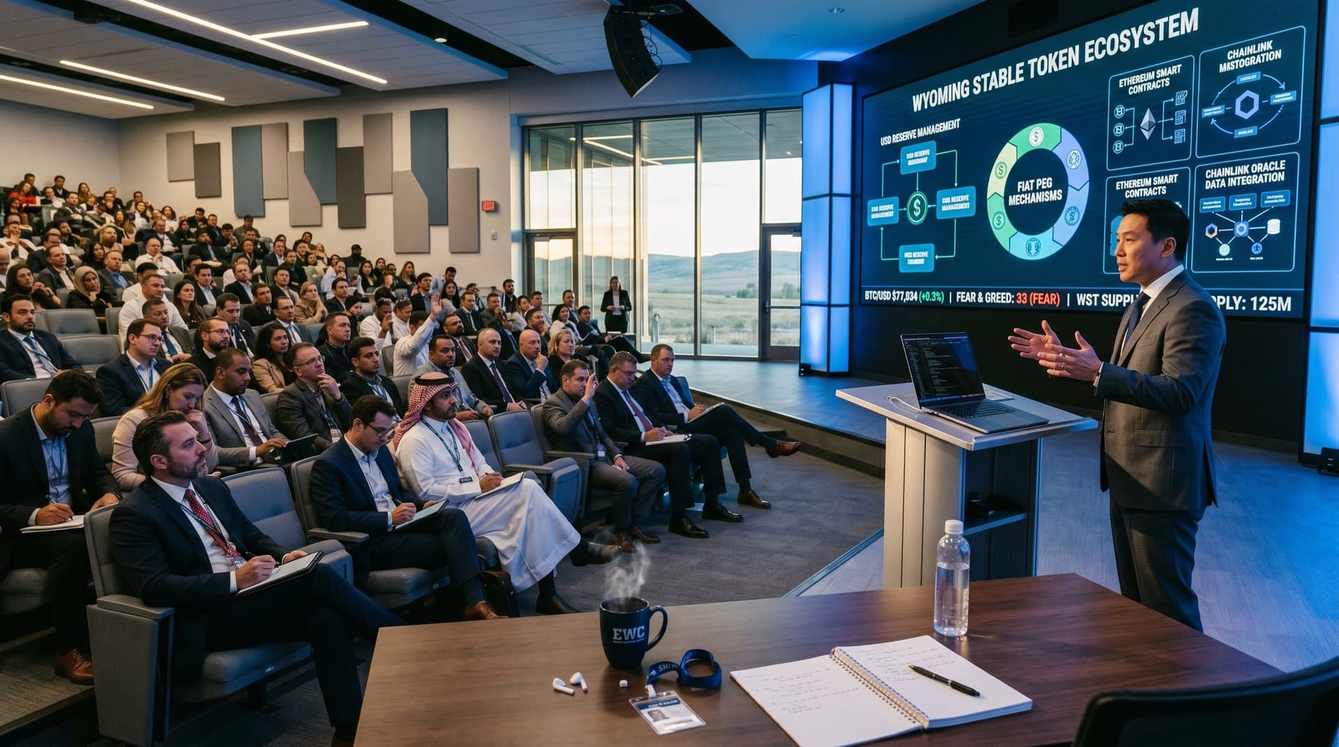 Eastern Wyoming College auditorium with Wyoming Stable Token presentation, Gulf delegates viewing crypto charts on screen in professional setting