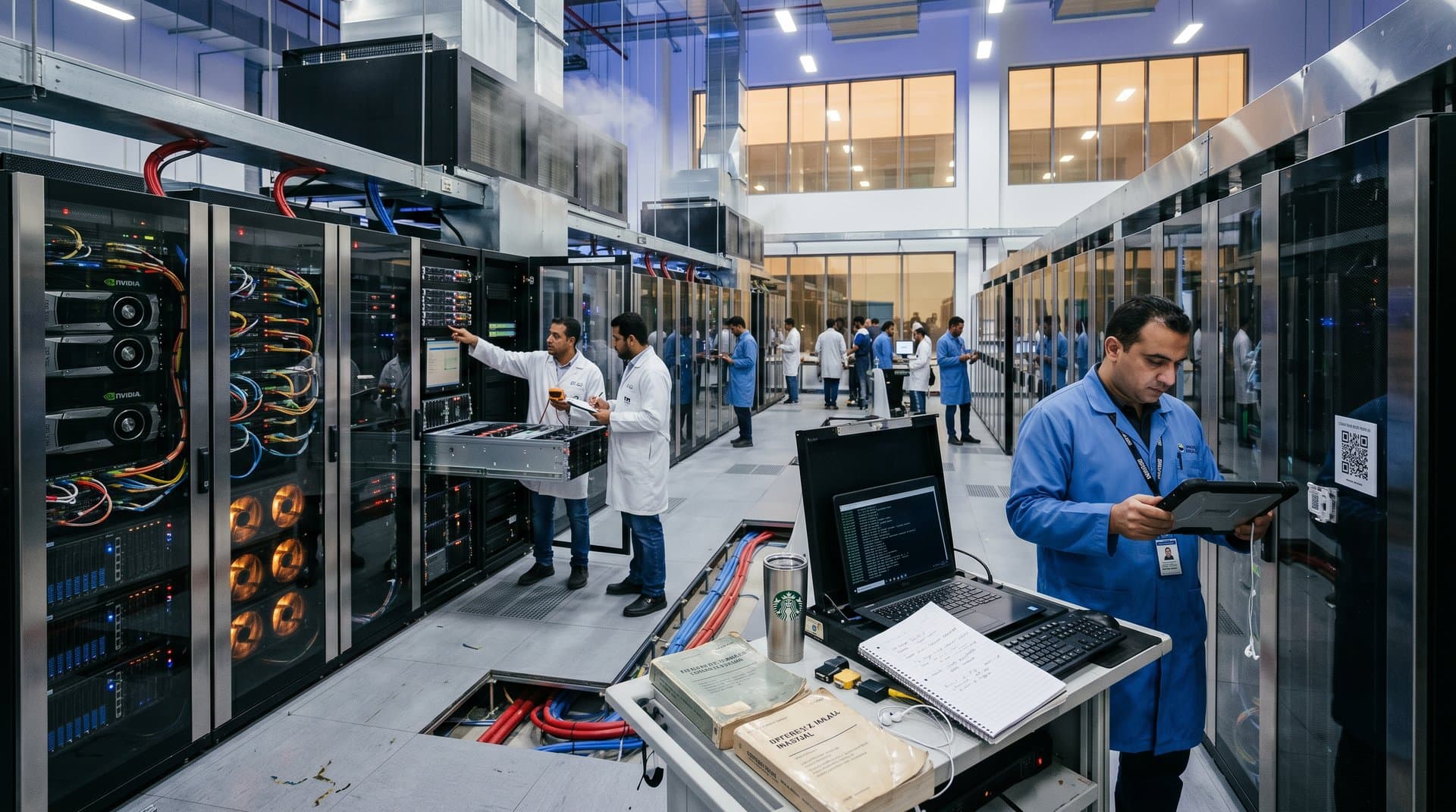 Engineers inspect GPU servers and cooling systems in a bustling Tier IV data center hall with LED-lit racks and control monitors