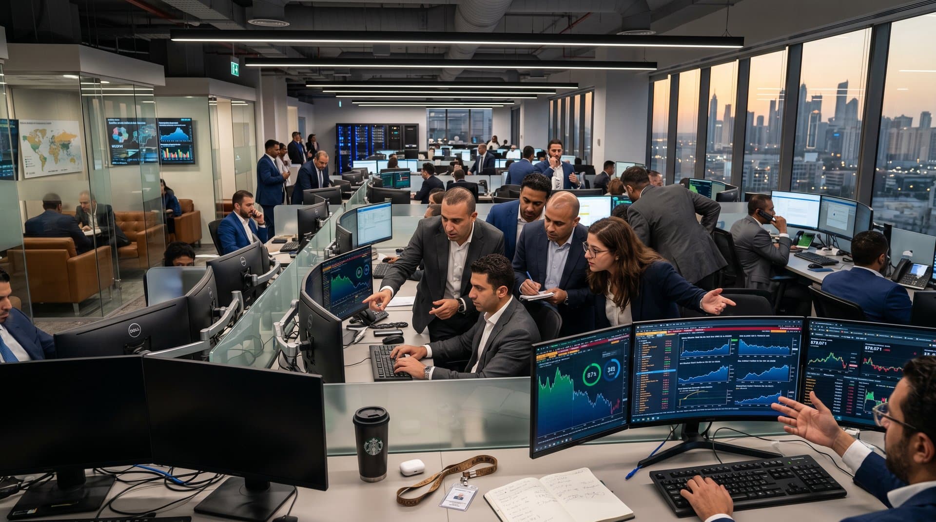 High-tech Abu Dhabi trading floor with Bloomberg terminals showing Atlassian stock plunge charts, UAE skyline, tech dashboards, and crypto data