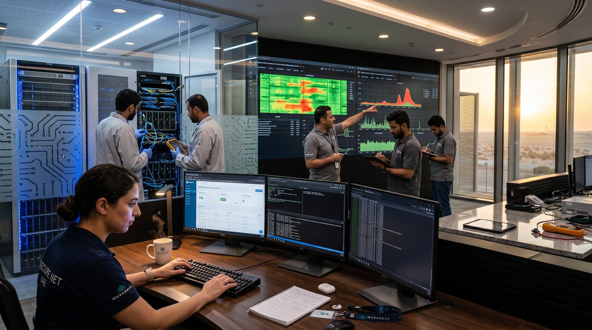 Engineers monitor encryption dashboards on multi-screen setups in Abu Dhabi Tier IV data center control room with server racks and LED walls