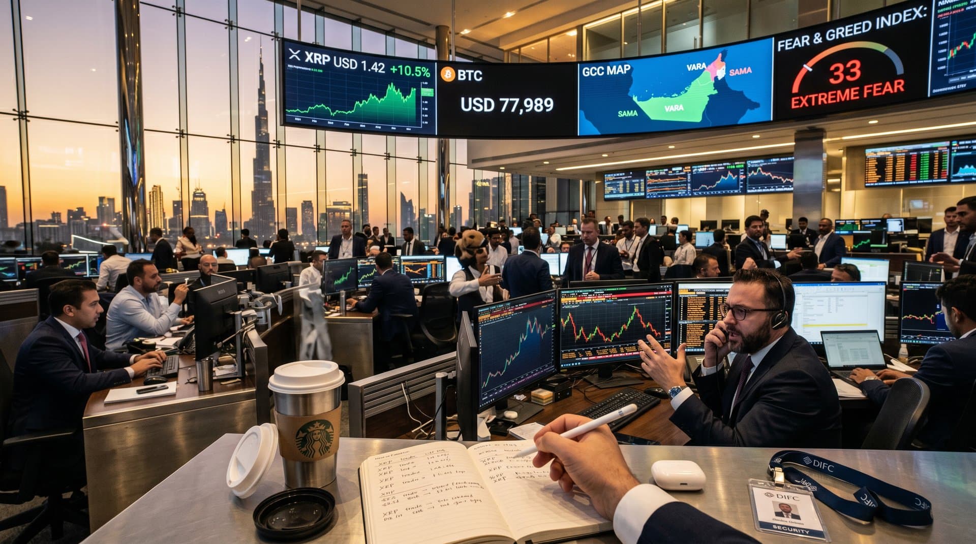 Traders at DIFC Goldman Sachs desks monitor XRP charts on Bloomberg terminals amid bustling financial hall with city views