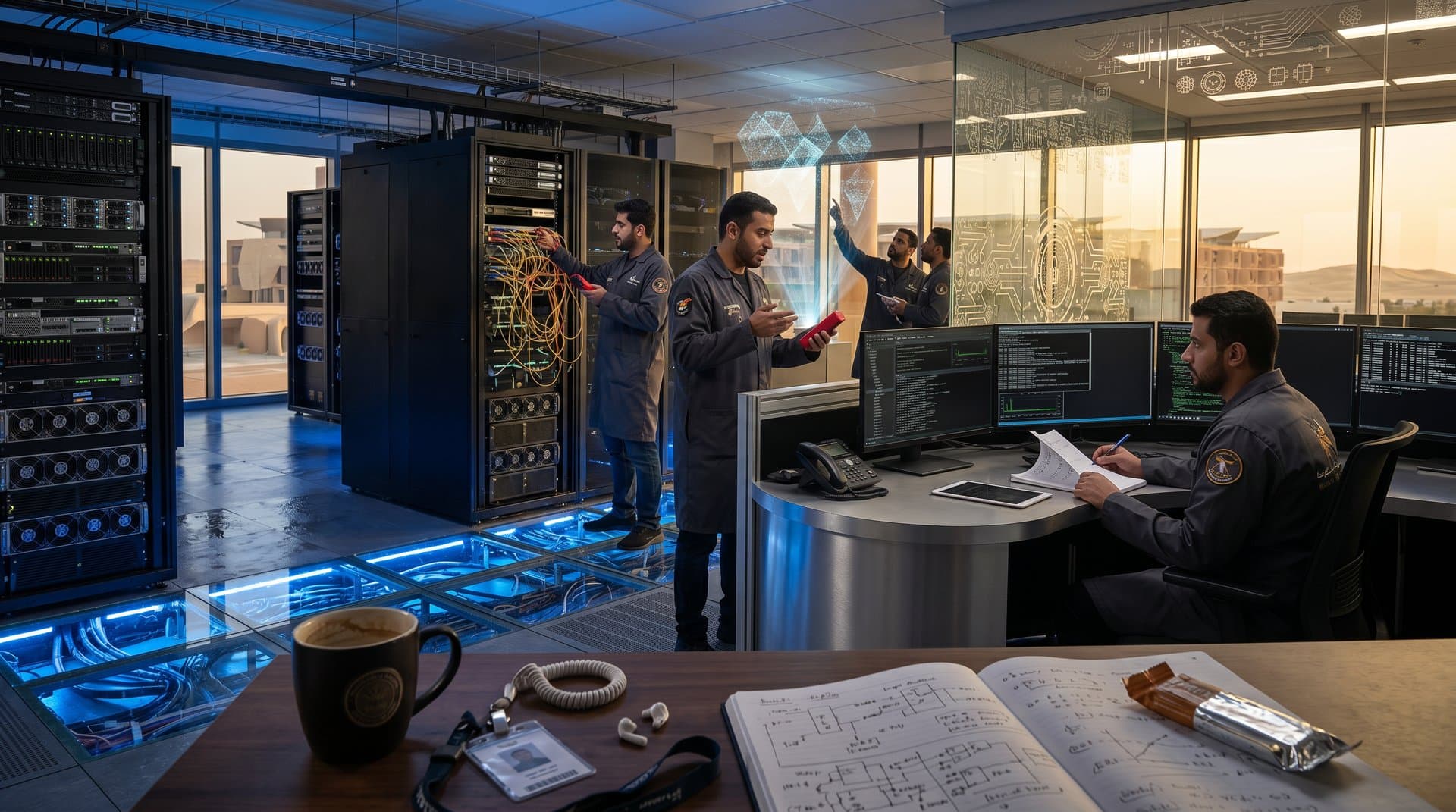 Engineers monitor GnuPG post-quantum crypto servers in Abu Dhabi data center with glowing floors and encryption displays