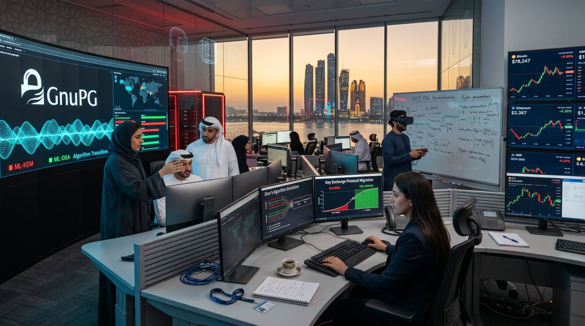Cybersecurity team analyzes GnuPG post-quantum crypto and quantum threats in Gulf SOC with crypto market displays