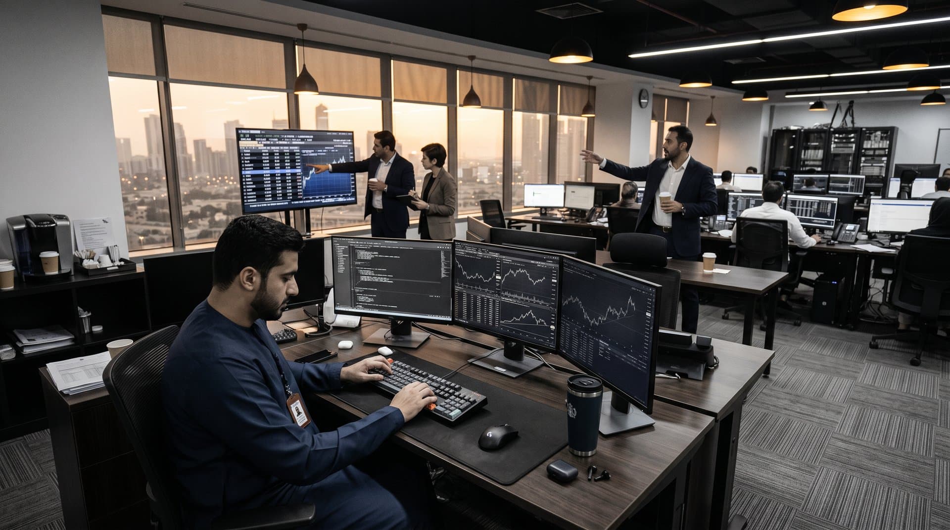 Analysts review software stock charts on Bloomberg terminals amid trading floor bustle at Mubadala headquarters in Abu Dhabi