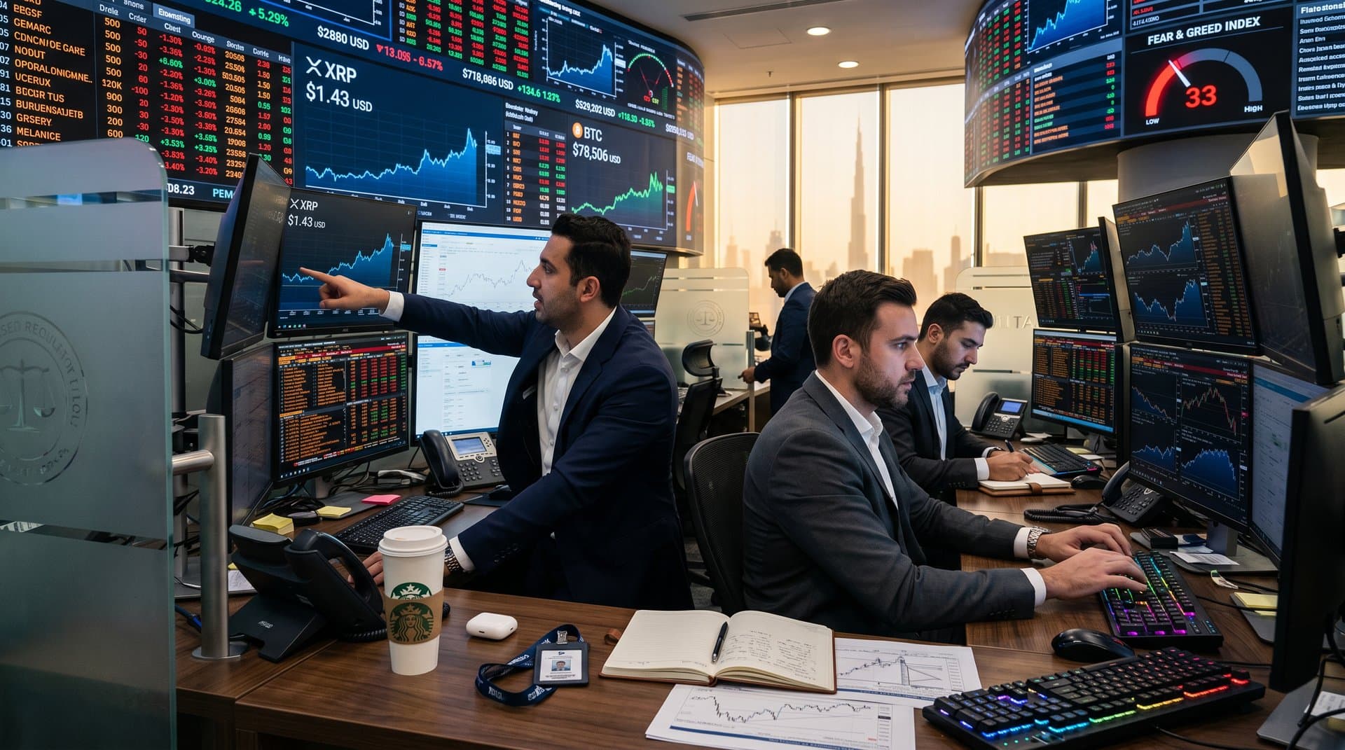 DIFC analysts review XRP and BTC charts on terminals with Dubai skyline