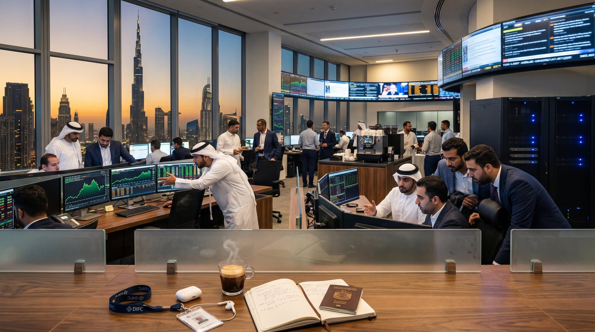 DIFC trading floor screens showing XRP at $1.43, BTC charts, and Fear & Greed Index with Burj Khalifa view