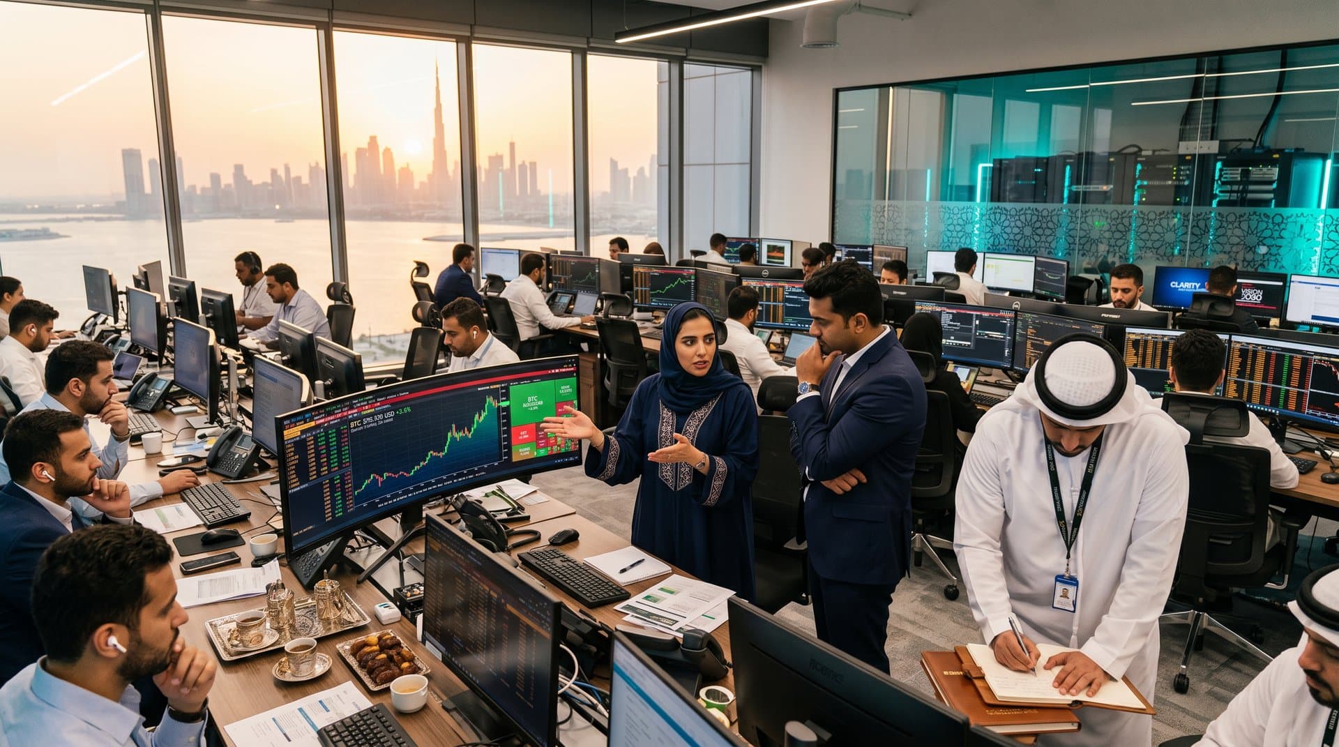 Traders monitor crypto charts on Bloomberg terminals at DIFC fintech hub amid stablecoin discussions and city skyline view