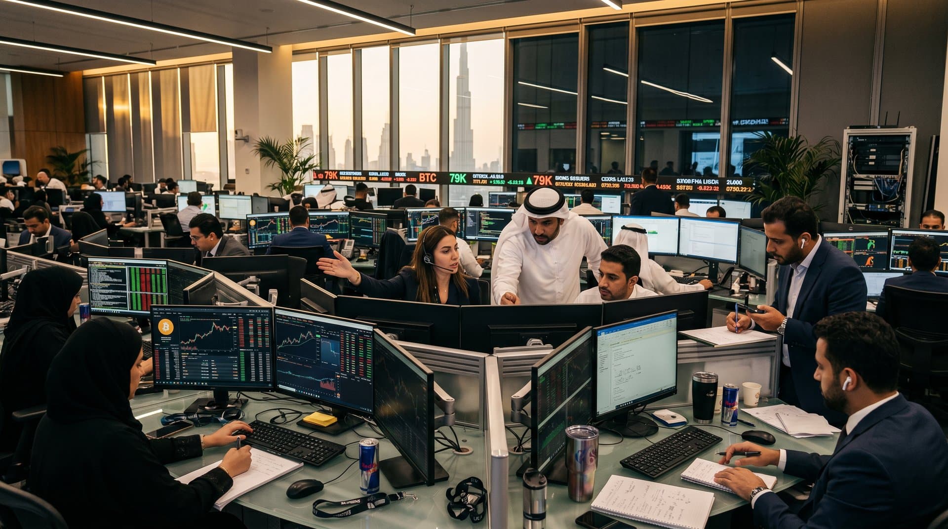 Traders at DIFC Bloomberg terminals monitor Bitcoin rally to $79K amid multi-screen setups and Gulf skyline view