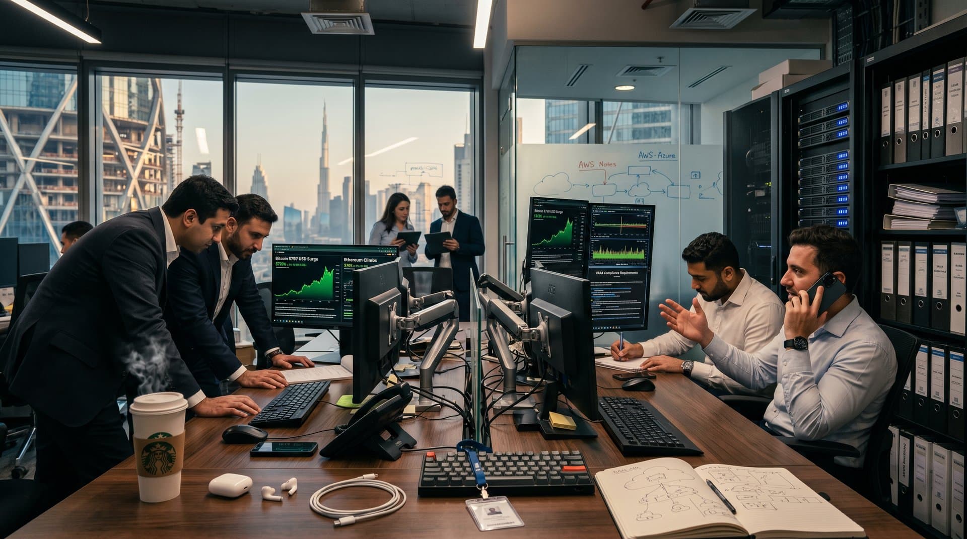 DIFC fintech trading floor with Bloomberg crypto charts, cloud architecture diagrams, and Burj skyline