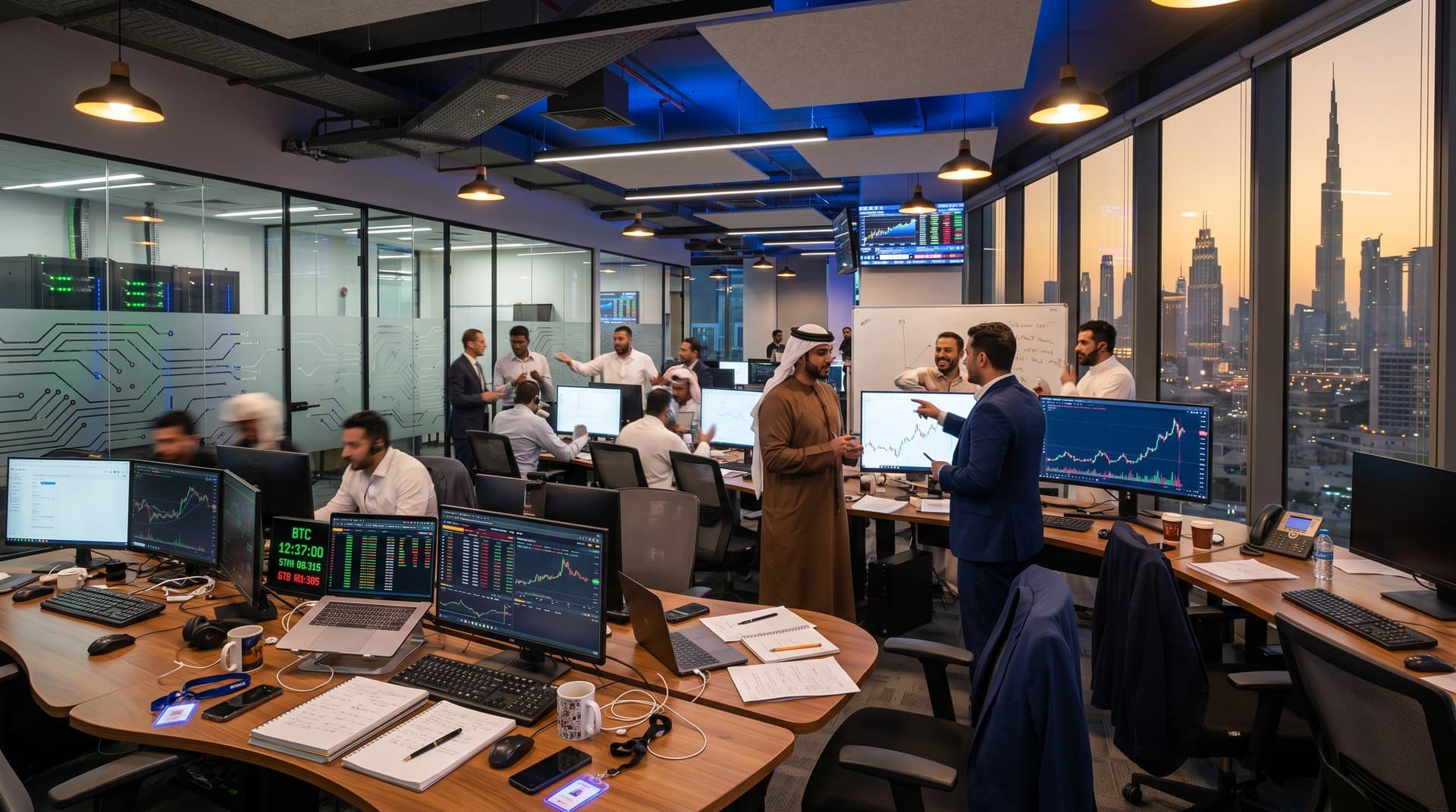 Traders monitoring crypto charts on Bloomberg terminals in DIFC fintech lounge with skyline view and LED panels