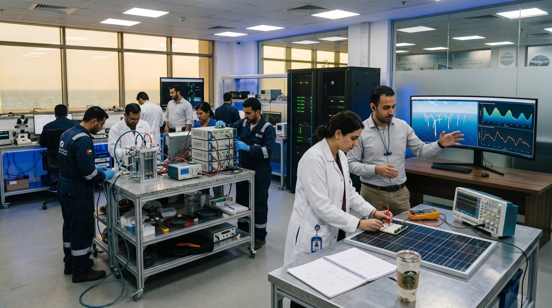 Engineers in KAUST renewables lab adjust solar prototypes, analyze data on curved monitors amid modern glass-walled facility overlooking sea