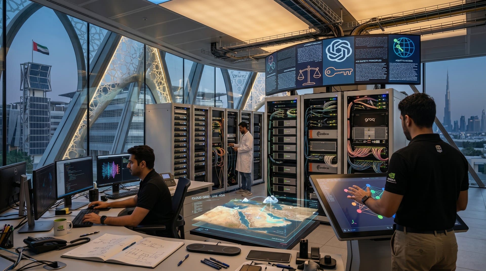 AI data center in Dubai free zone with AGI safety visuals and Islamic patterns on glowing server racks