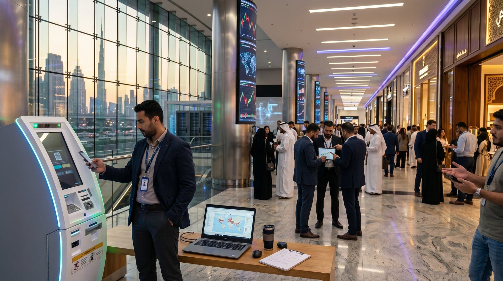 Dubai financial office analyzing Bitcoin ATM scam data with price charts and regulatory maps