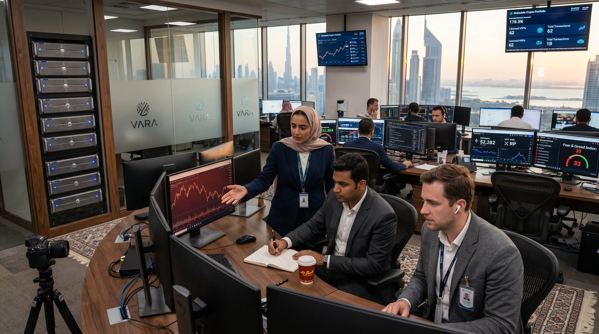 DIFC trading desks with BTC at $76K charts, cloud server racks, and Dubai skyline views amid crypto hub growth