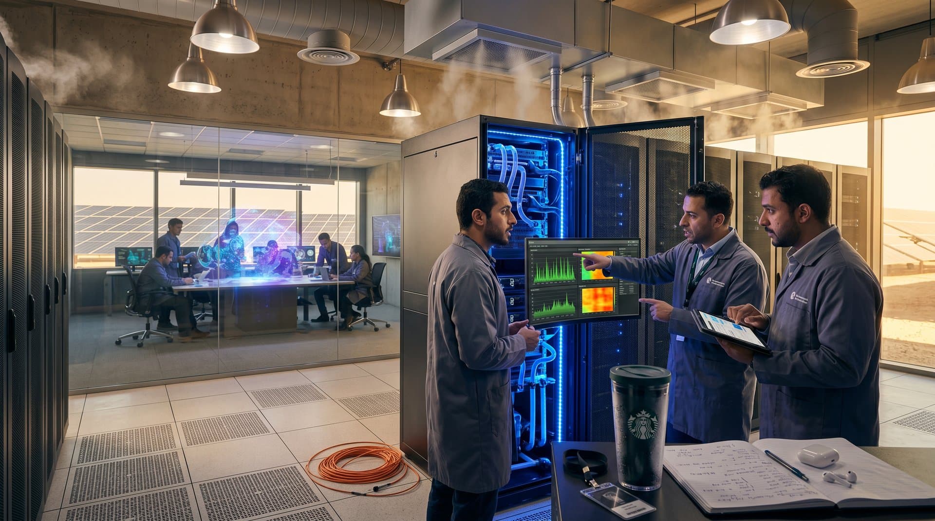 Engineers inspect AI server racks in premium data center with energy dashboards and cooling systems visible