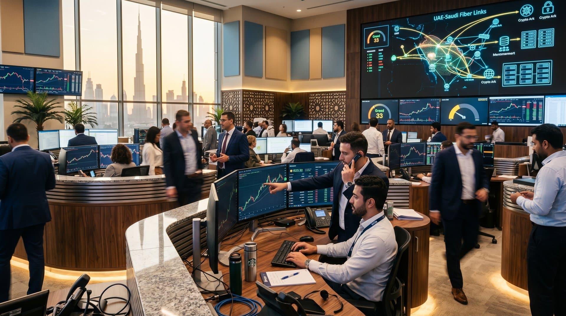 DIFC trading floor with BNB charts, blockchain maps, and Fear & Greed index in bustling Gulf fintech hub