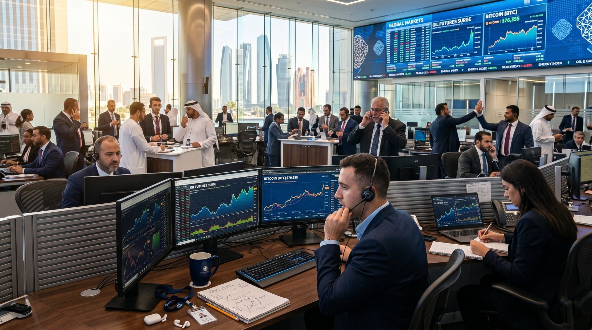 Traders monitoring energy futures and crypto volatility on screens in Abu Dhabi financial hub