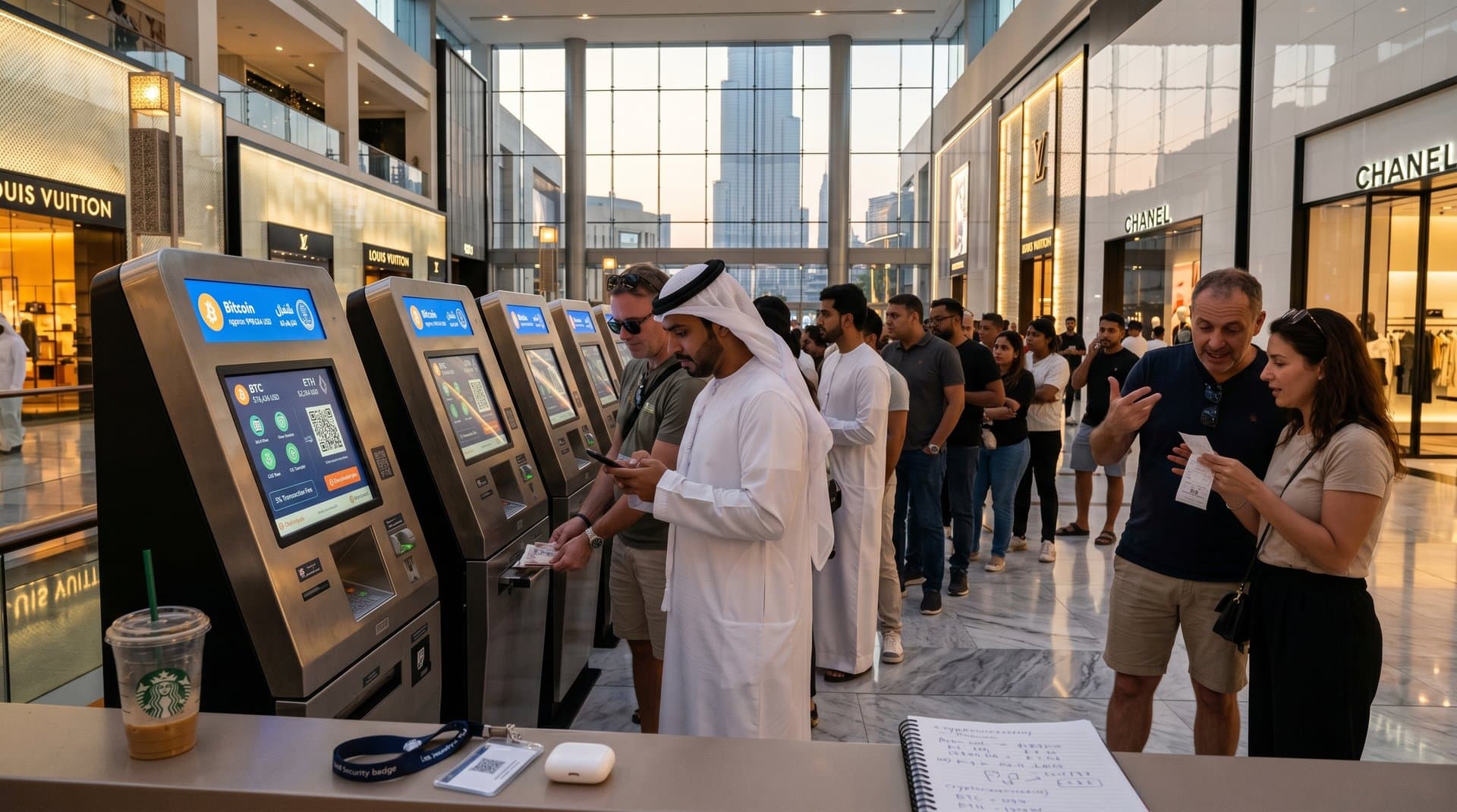 Modern Bitcoin ATMs in Dubai Mall displaying BTC charts and UAE Pass QR codes with Burj Khalifa skyline view