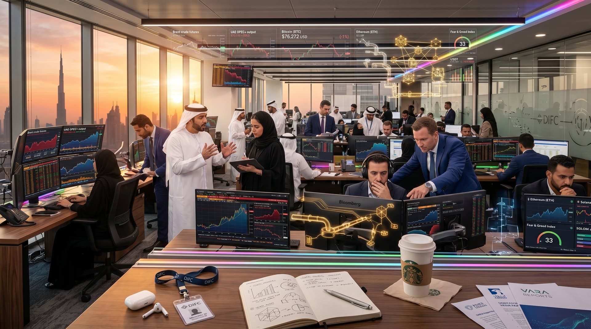 DIFC trading floor analysts monitor oil futures and BTC charts at $76K amid skyline view and holographic crypto-energy visuals
