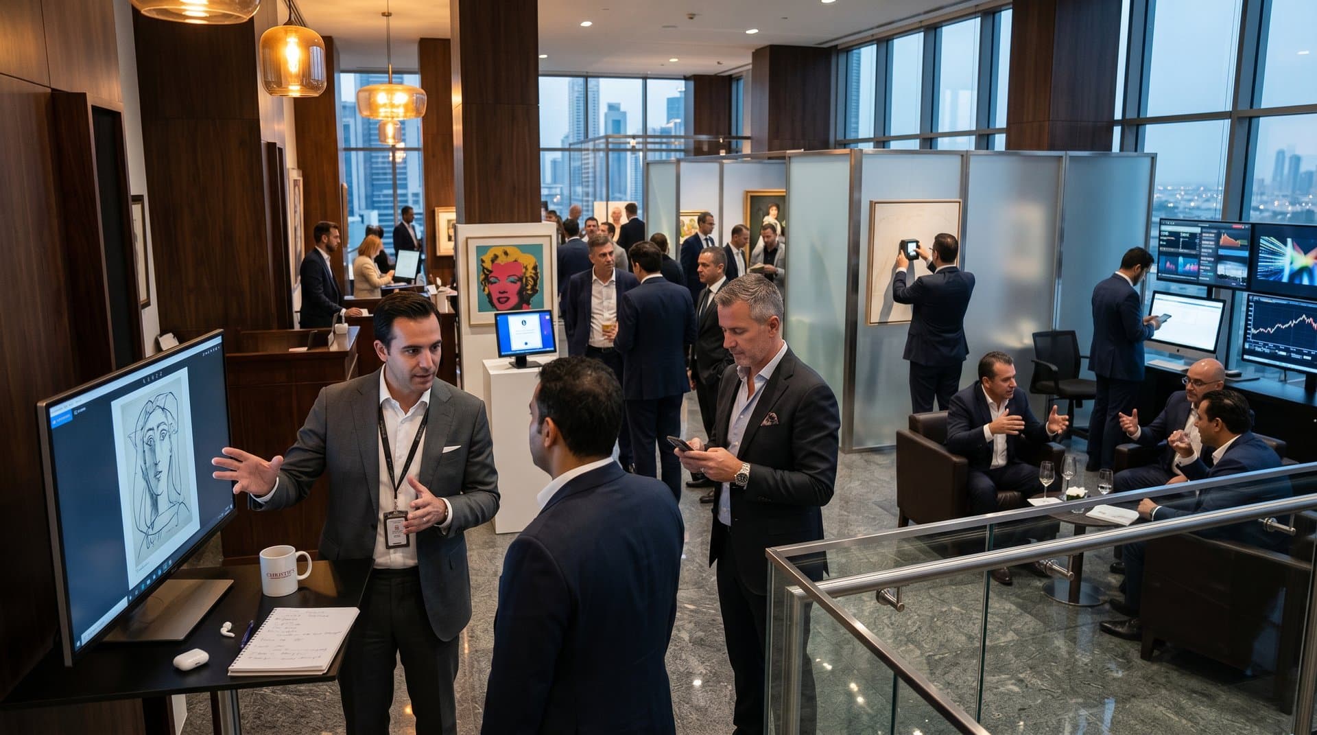 Christie's Dubai auction room with NFT Picasso verification, collectors viewing Warhol, provenance screens, and skyline