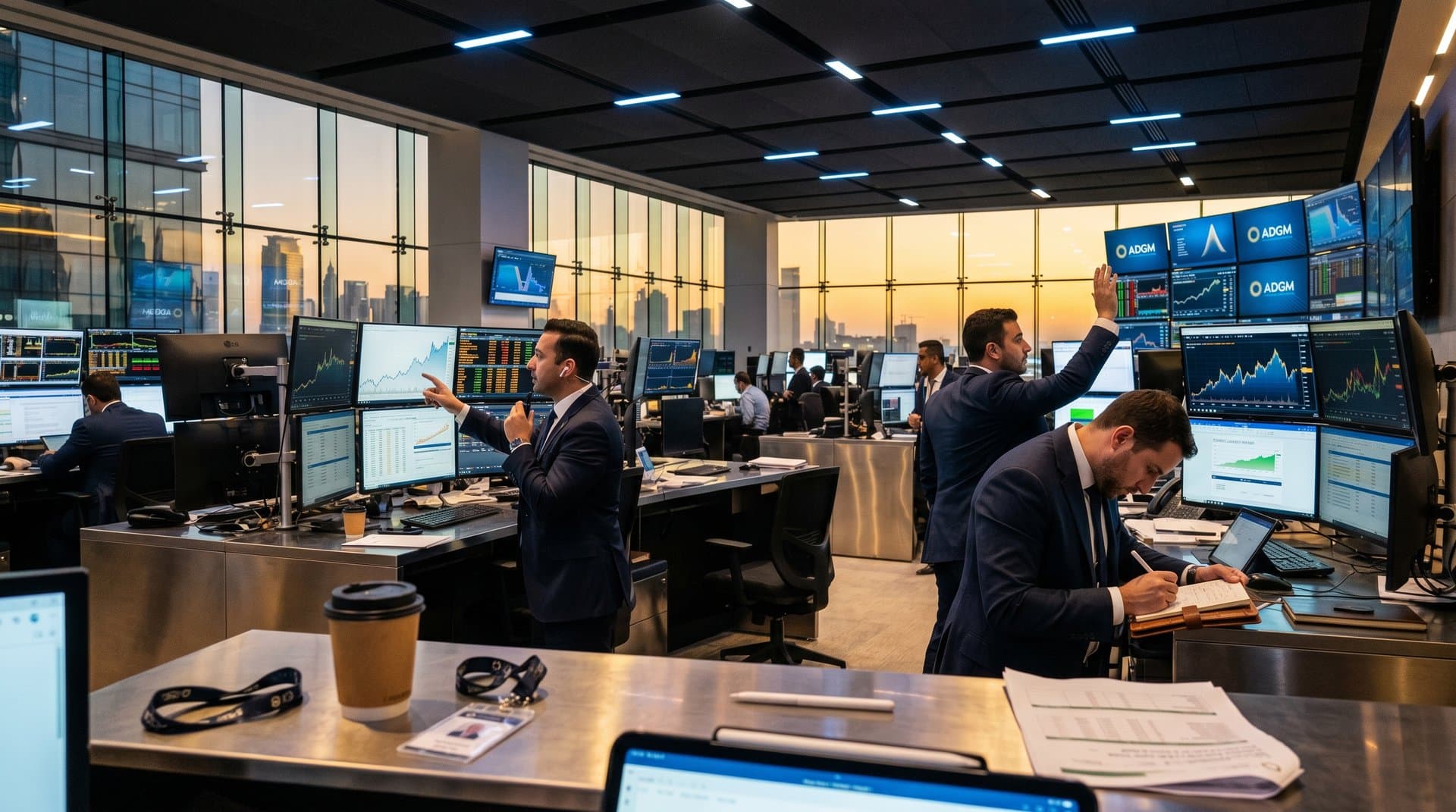 ADGM trading floor with UAE oil capacity charts to 5M bpd, BTC at $76K, Gulf skyline
