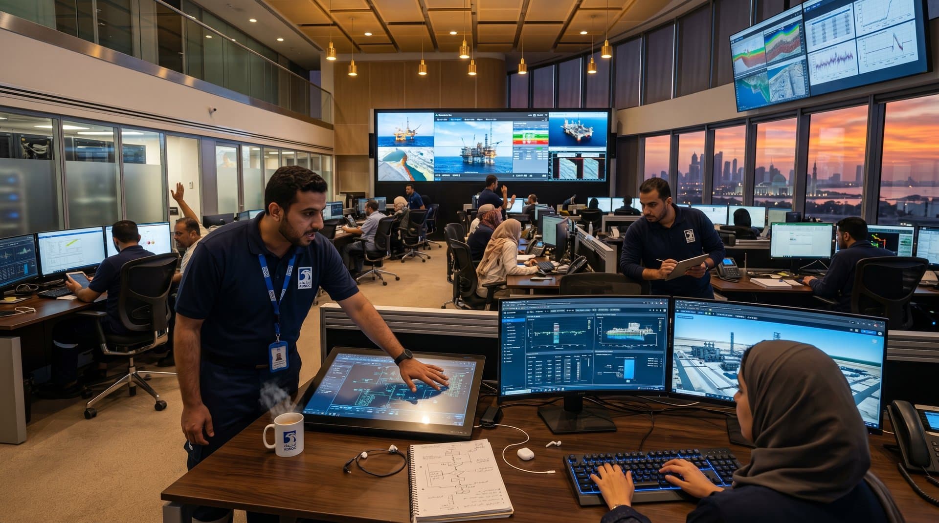 High-tech ADNOC operations center with monitors showing AI-driven oil production data and Abu Dhabi skyline