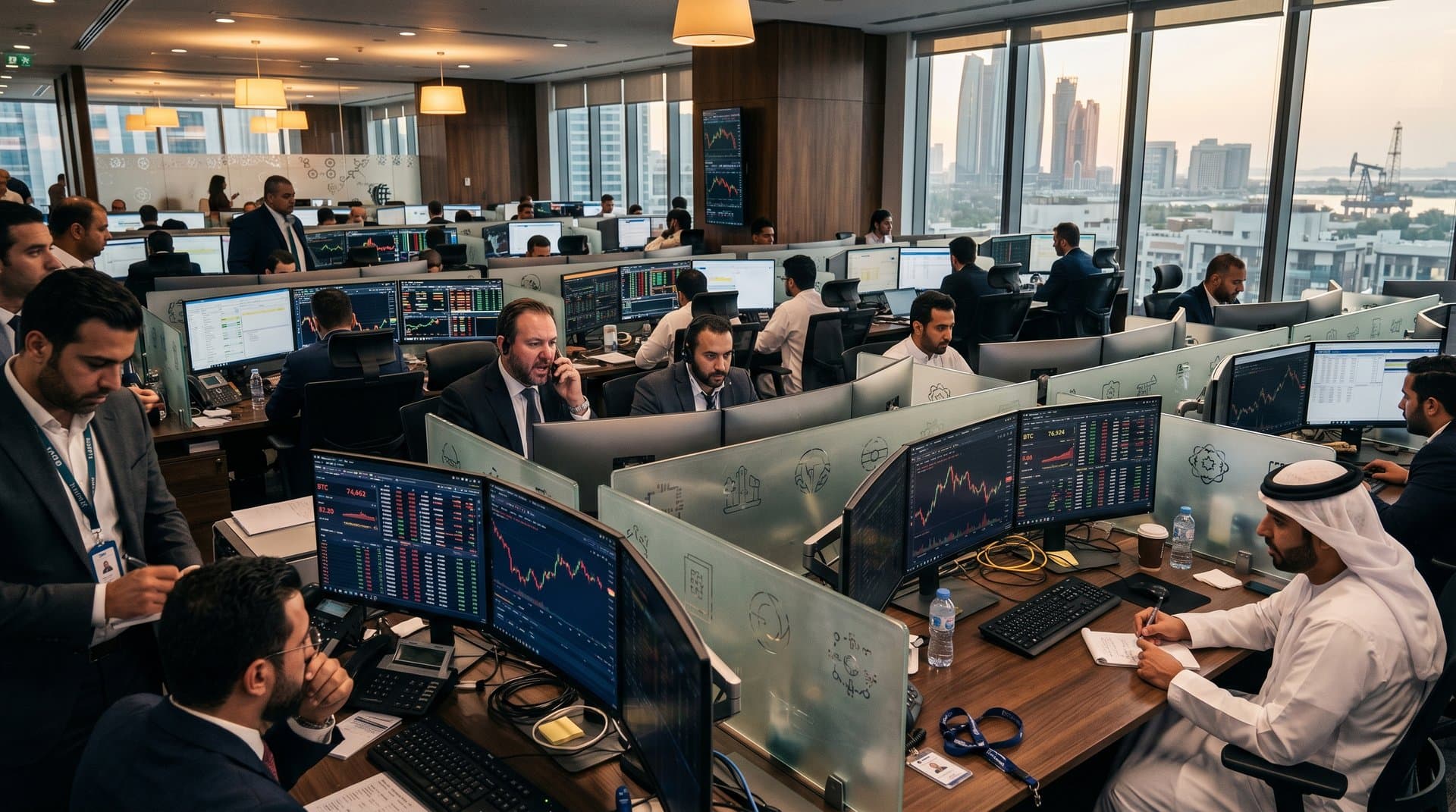 Trading floor at ADGM with screens showing oil futures and BTC charts in Gulf finance hub