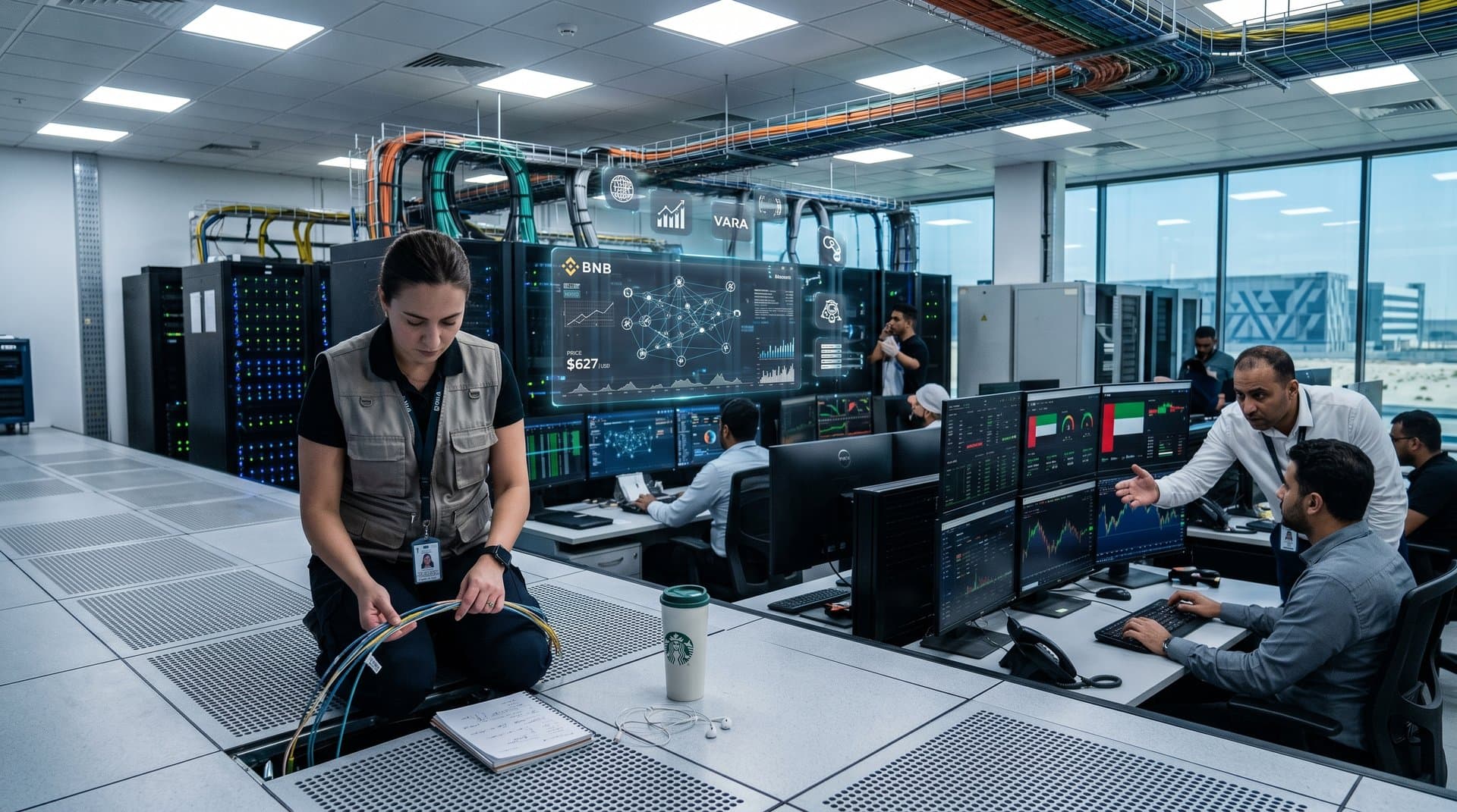 Server racks and crypto charts in Dubai Tier IV data center with VARA compliance screens