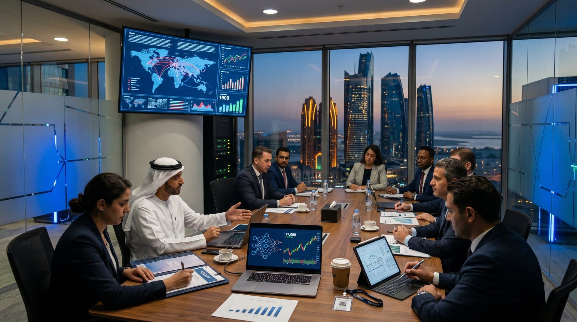 Abu Dhabi boardroom with AI charts, crypto tickers, and skyline view